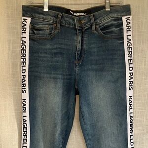 Karl Lagerfeld women’s jeans logo stripe down leg. Size 10 medium wash